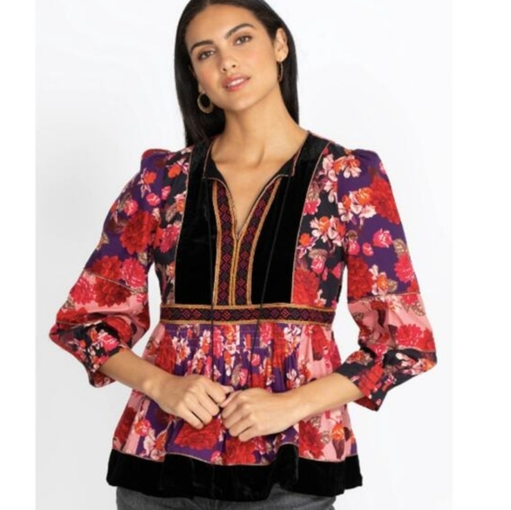 Johnny Was Jade Kimmy Peasant Floral Silk Velvet Embroidered Blouse Size S EUC